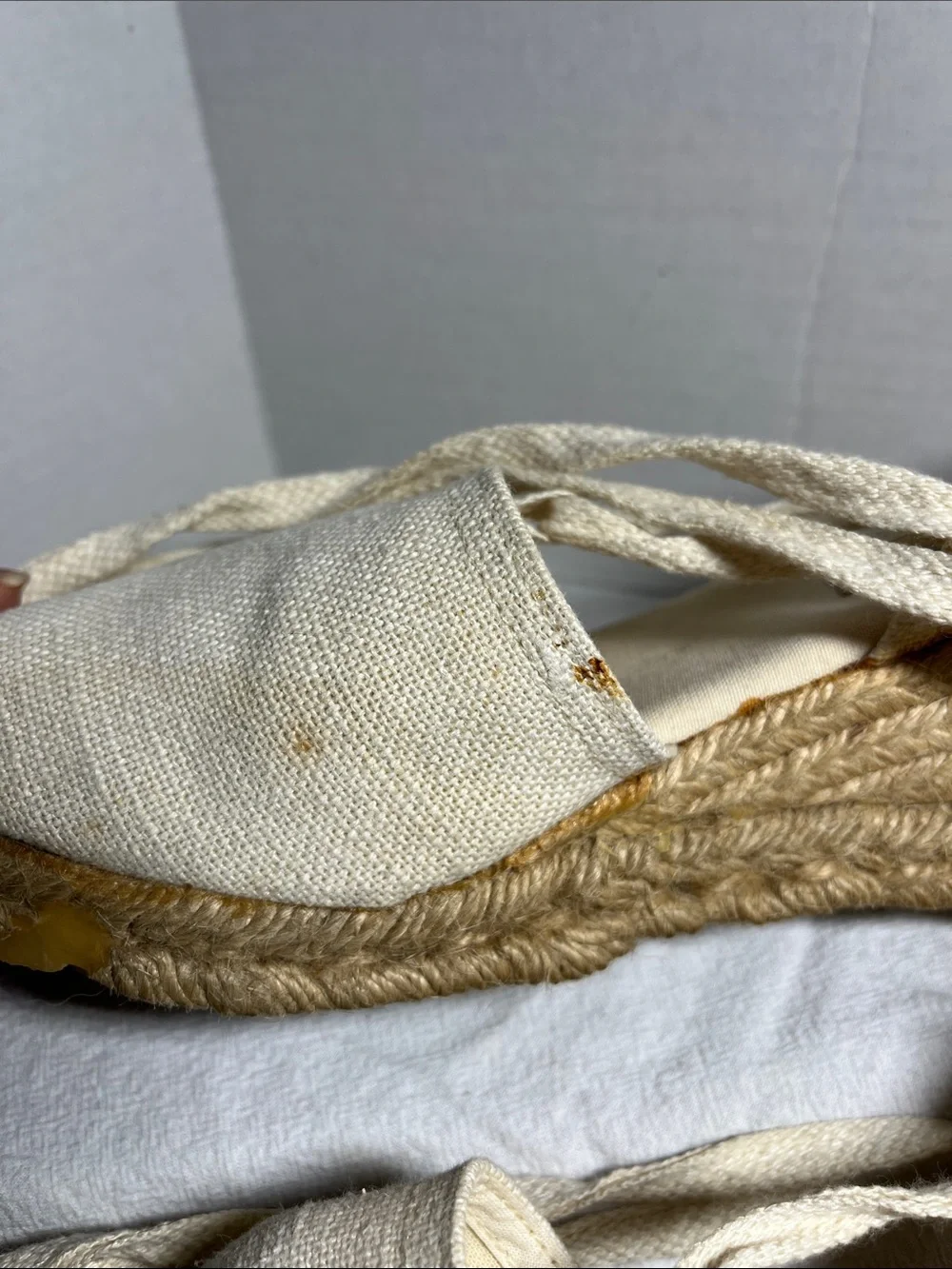 Valerie Stevens Cream Canvas Espadrille Wedge Sandals with Ankle Wraps